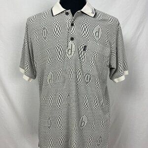 Adabar Black White Optical Illusion Checker Pattern Pullover Half Button Shirt